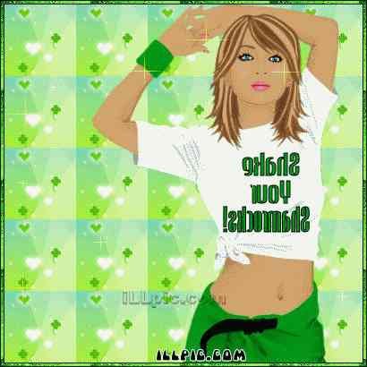 17.03: зелёный фон с клевером и надписью «Shake Your Shamrocks!»
