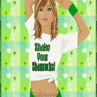 17.03: зелёный квадратный фон с клеверами и надписью «Shake Your Shamrocks!»