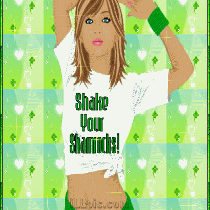 17.03: зелёный квадратный фон с клеверами и надписью «Shake Your Shamrocks!»