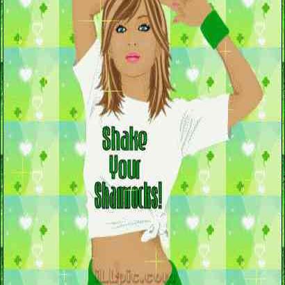 17.03: зелёный квадратный фон с клевером и надписью «Shake Your Shamrocks!»