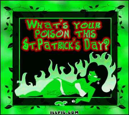 17.03: зелёная статуэтка с огнём и надписью «What’s your poison this St. Patrick’s Day?»