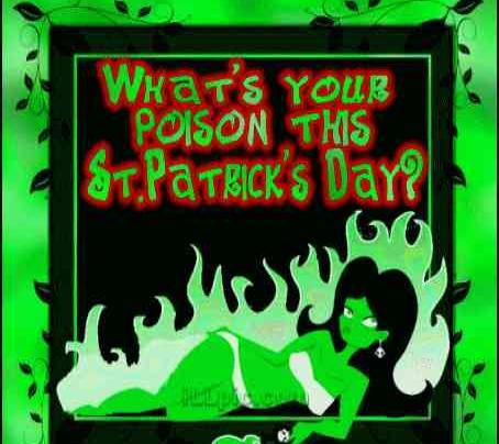 17.03: зелёная статуэтка с огнём и надписью «What’s your poison this St. Patrick’s Day?»