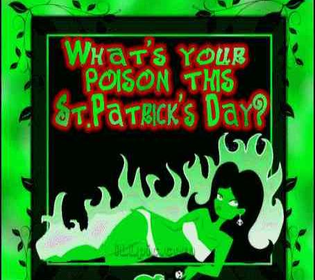 17.03: зелёная статуэтка с надписью «What's your poison this St. Patrick's Day?»