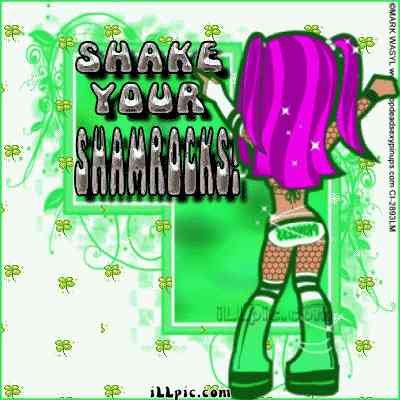 17.03: фиолетовая кукла с зелёными ботинками и надписью «SHAKE YOUR SHAMROCKS»