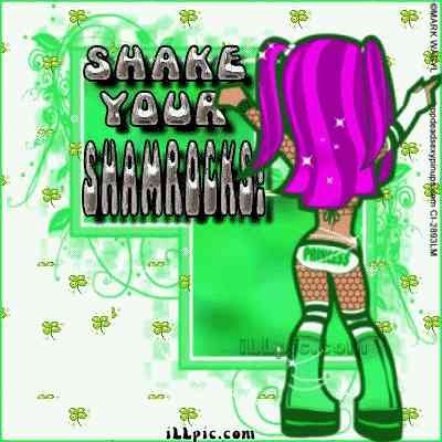 17.03: фиолетовая кукла с надписью «SHAKE YOUR SHAMROCKS» на зелёном фоне