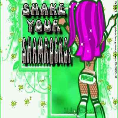 17.03: фиолетовая кукла с надписью «SHAKE YOUR SHAMROCKS» на зелёном фоне
