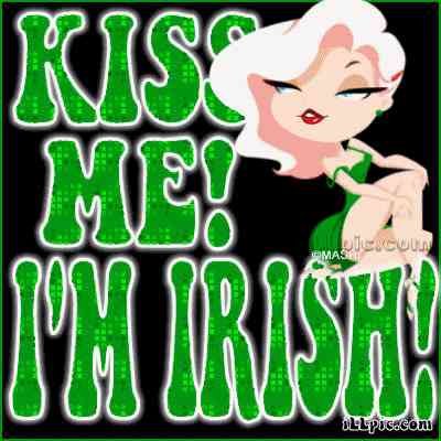 17.03: зелёный стикер с мультяшной ирландкой и надписью «KISS ME! I'M IRISH!»