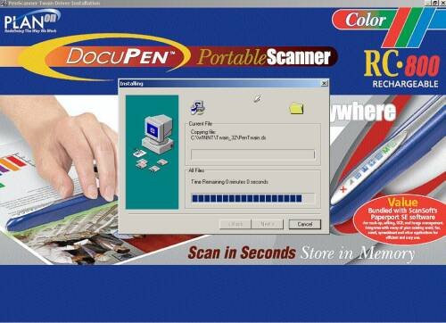 Рекламный баннер сканера DocuPen RC-800 с окном установки программного обеспечения