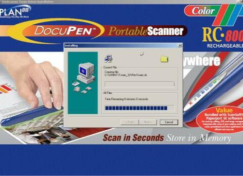 Рекламный баннер сканера DocuPen RC-800 с окном установки программного обеспечения