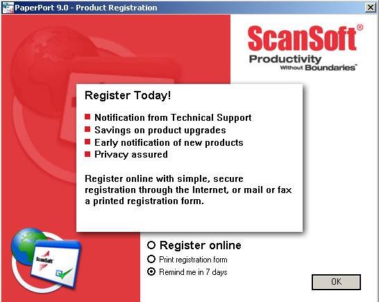 Окно регистрации программы PaperPort 9.0 от ScanSoft с предложением зарегистрироваться сегодня
