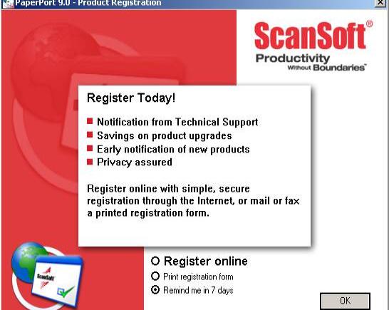 Окно регистрации программы PaperPort 9.0 от ScanSoft с предложением зарегистрироваться сегодня