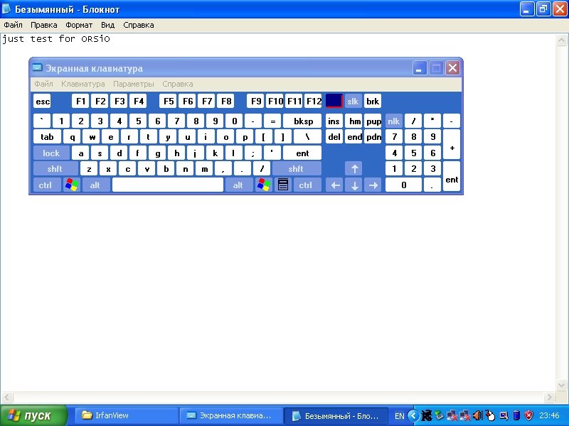ORSiO TP701: экранная клавиатура в Бездымянном блокноте на Windows 98