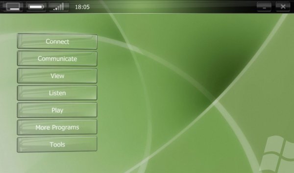 Origami: зелёный интерфейс Windows Mobile с кнопками Connect и Tools