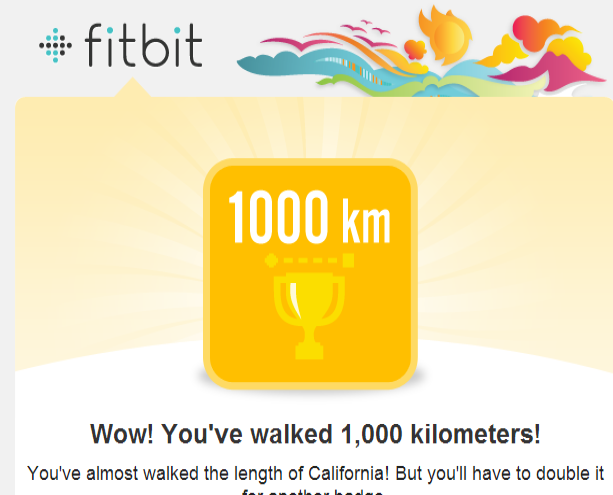 1000 км на Fitbit: желтый куб с трофеем и радужным фоном