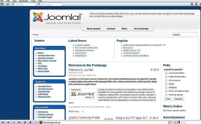 Joomla! 1.5 на старом сайте в 2007 году: интерфейс с боковыми меню и баннерами