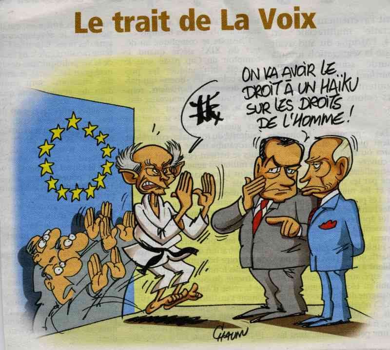 Карикатура «Le trait de La Voix»: каратист у стены ЕС и двое политиков