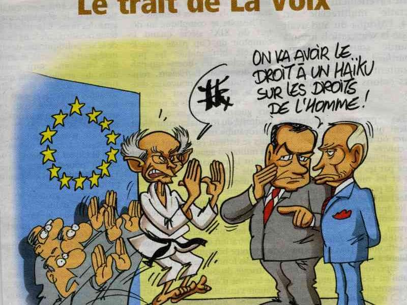 Карикатура «Le trait de La Voix»: каратист у стены ЕС и двое политиков