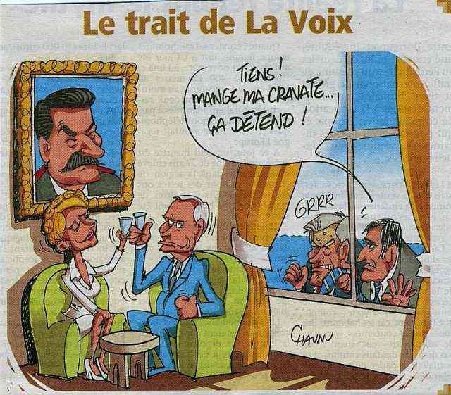 Le trait de La Voix: карикатура с тостом и наблюдателями у окна
