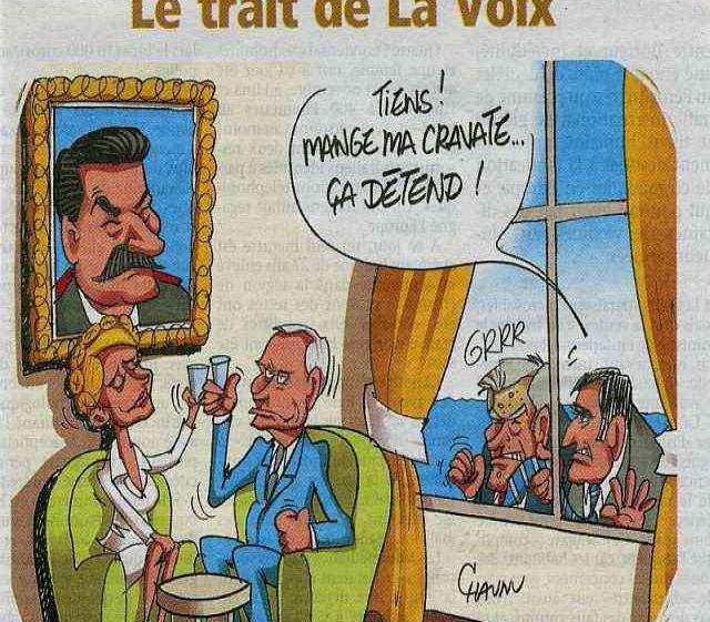 Le trait de La Voix: карикатура с тостом и наблюдателями у окна