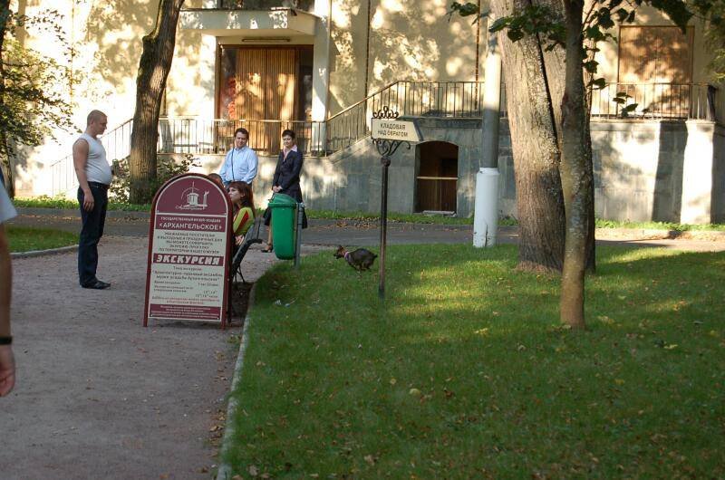 Архангельское, 2006: вывеска «Экскурсия» у входа в здание с лестницей и деревьями