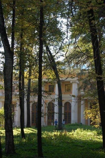 Архангельское, 2006: белокаменный дом с арочными окнами сквозь листву