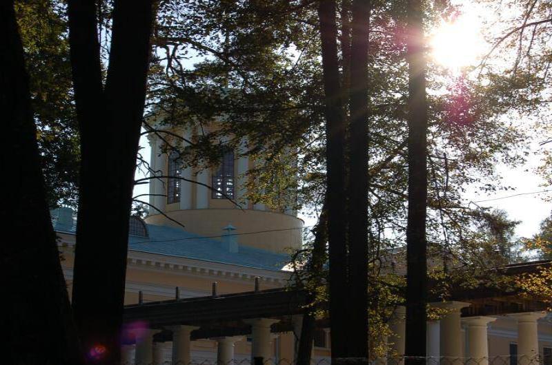 Архангельское, 2006: колоннада и купол в солнечных лучах сквозь листву