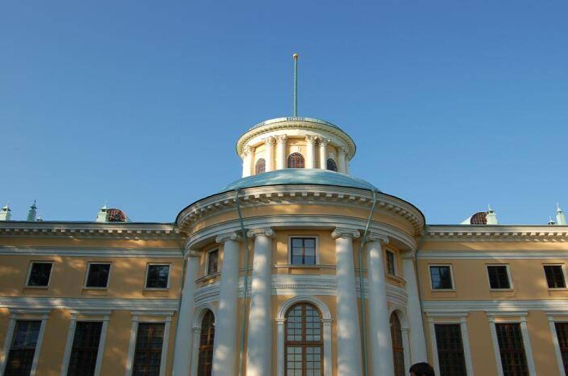 Архангельское, 2006: купол с колоннами и флагштоком над желтоватым фасадом