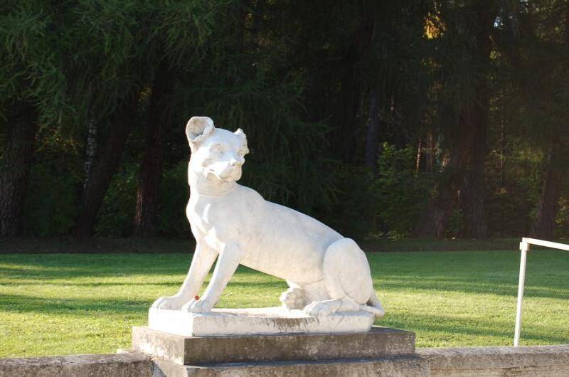 Белая мраморная собака на постаменте в Архангельском, 2006