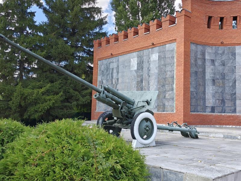 Пушка на фоне мемориального комплекса погибшим в годы ВОВ в г.Ершове