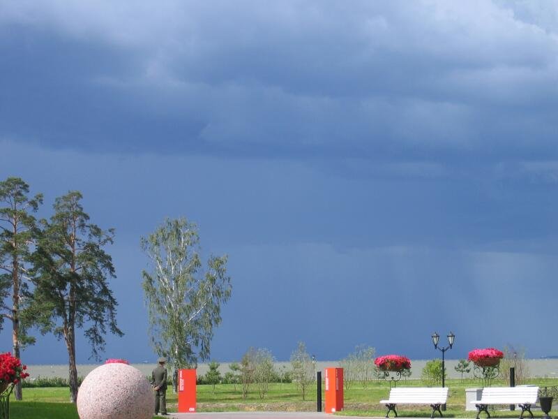 Парк у воды под тёмным небом с красными элементами