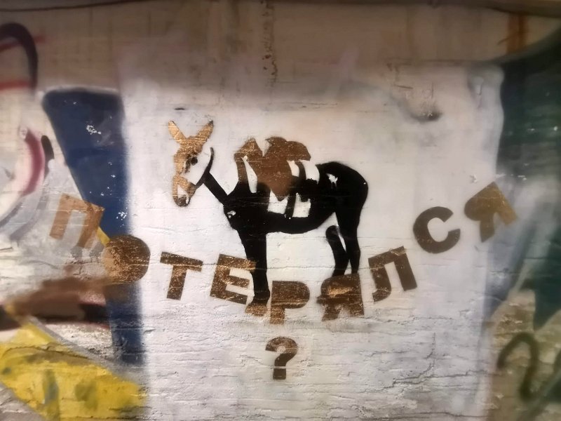 Уличное граффити в Москве, 24 июля 2025: «Потерялся?» с силуэтом осла