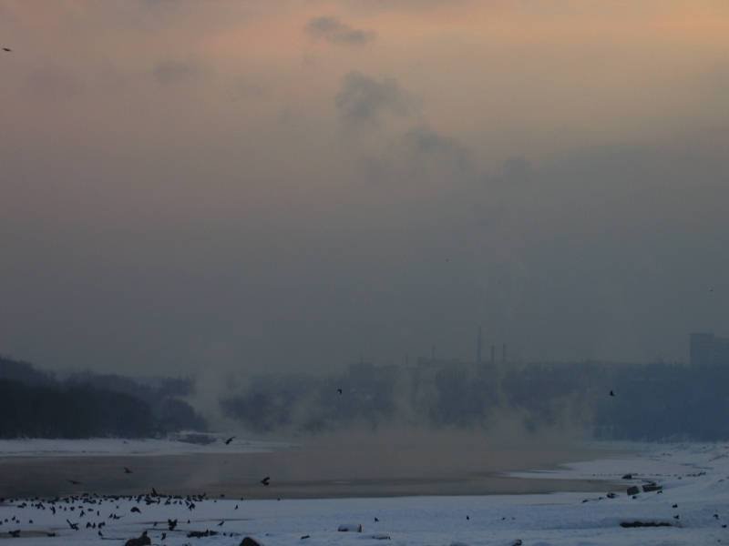 Kolomenskoe, 2006: туман над замерзшим берегом и дымом из труб