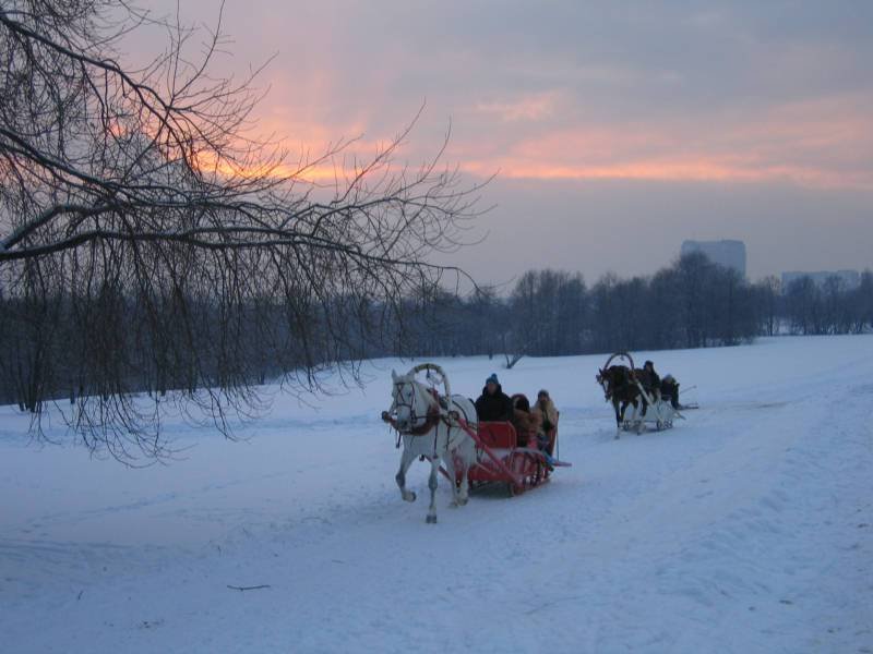 Коломенское, 2006: сани на лыжной тропе под закатом