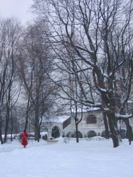 Kolomenskoe, 2006: снег на деревьях и красный плащ у белого дома