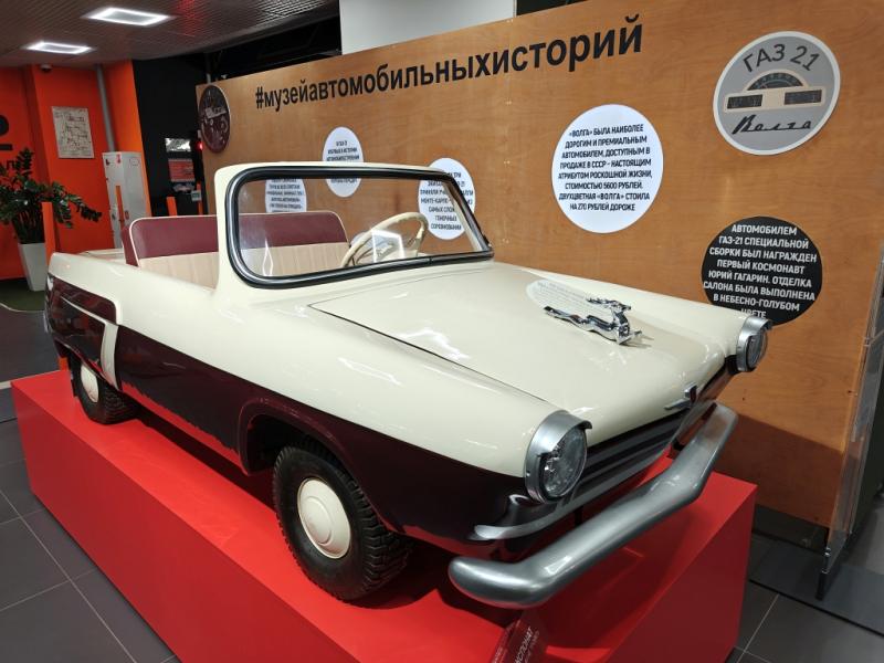 ГАЗ-21 «Волга» в музее автомобилей MAMO71: бело-бордовый кабриолет на красном постаменте