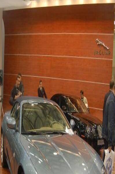 Моторшоу-2006: серебристый Jaguar XKR на фоне деревянной стены с логотипом