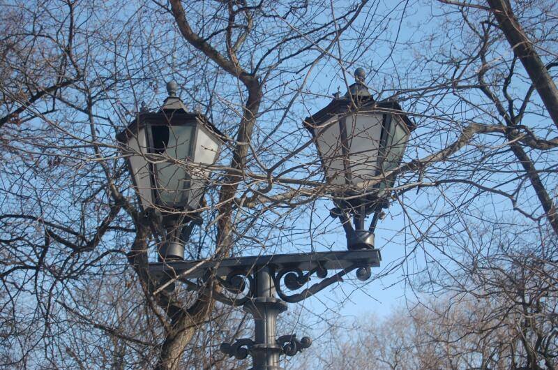 Два фонаря на улице Spb Flashlamps, ветви без листьев над чугунной опорой