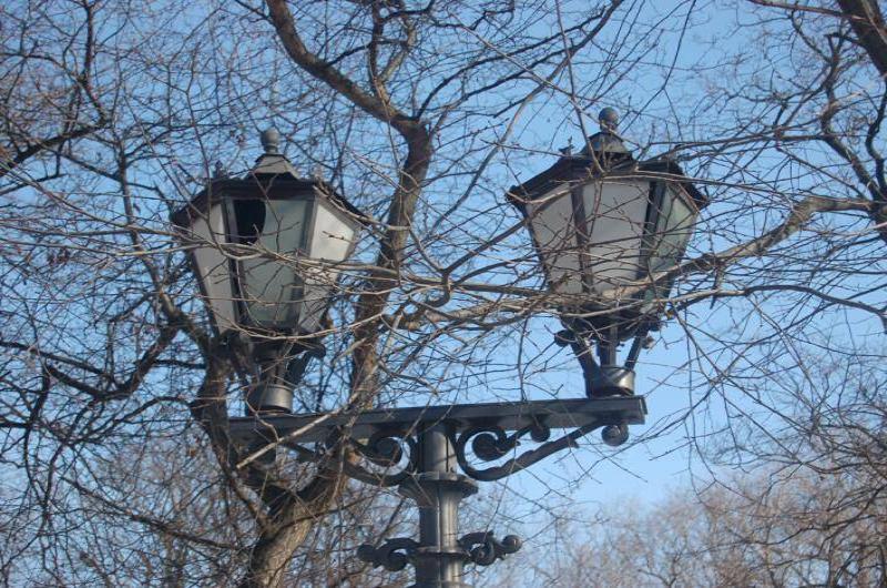 Два фонаря на улице Spb Flashlamps, ветви без листьев над чугунной опорой