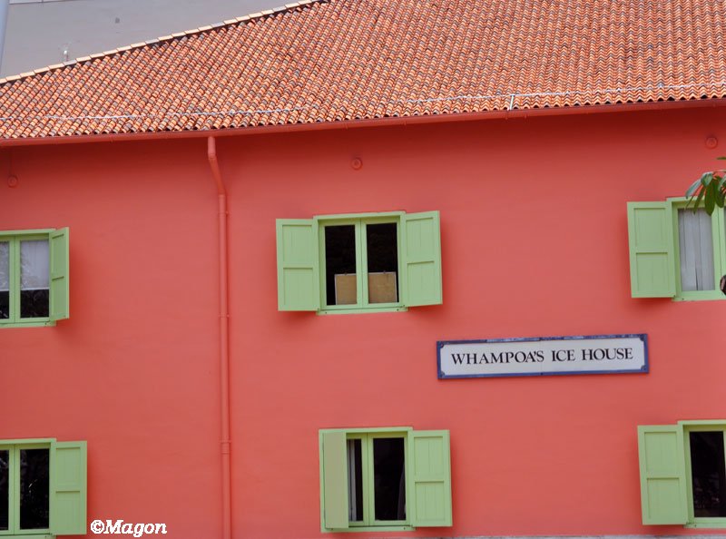 Whampoa's Ice House в Сингапуре, март 2015: розовая стена и зелёные ставни